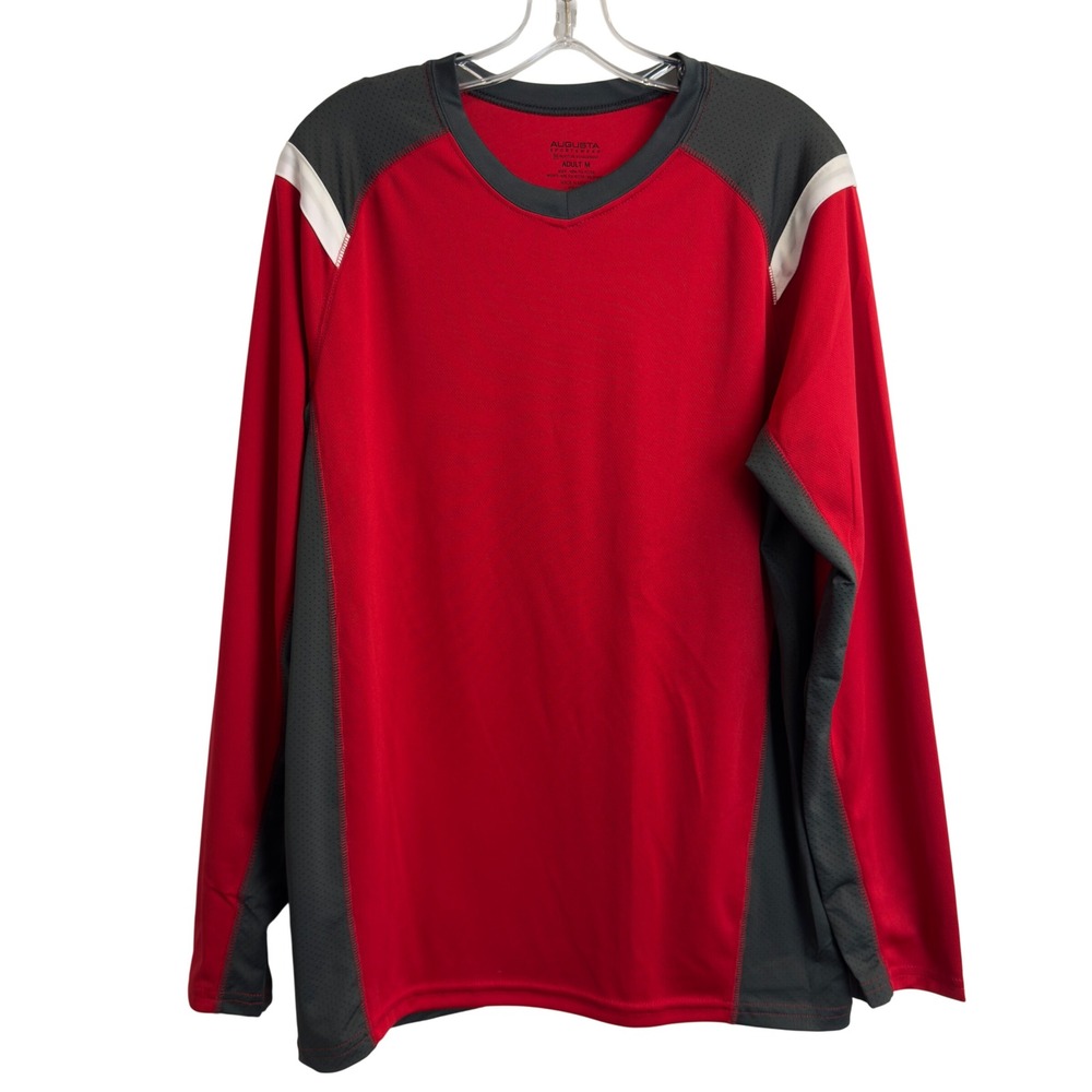 Augusta Sportswear Mens Red Grey Colorblock Long Sleeve Athletic Shirt Size M